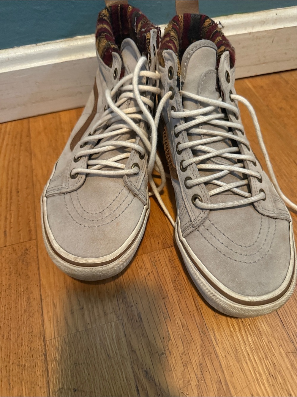 Vans High-Top Sneakers in Light Gray with Brown Side Stripe